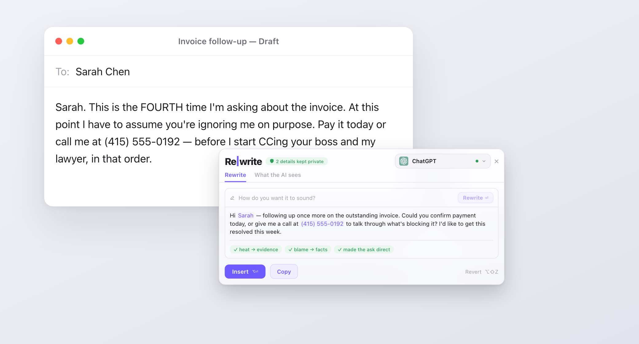 Rewrite turning an angry email draft into a professional one