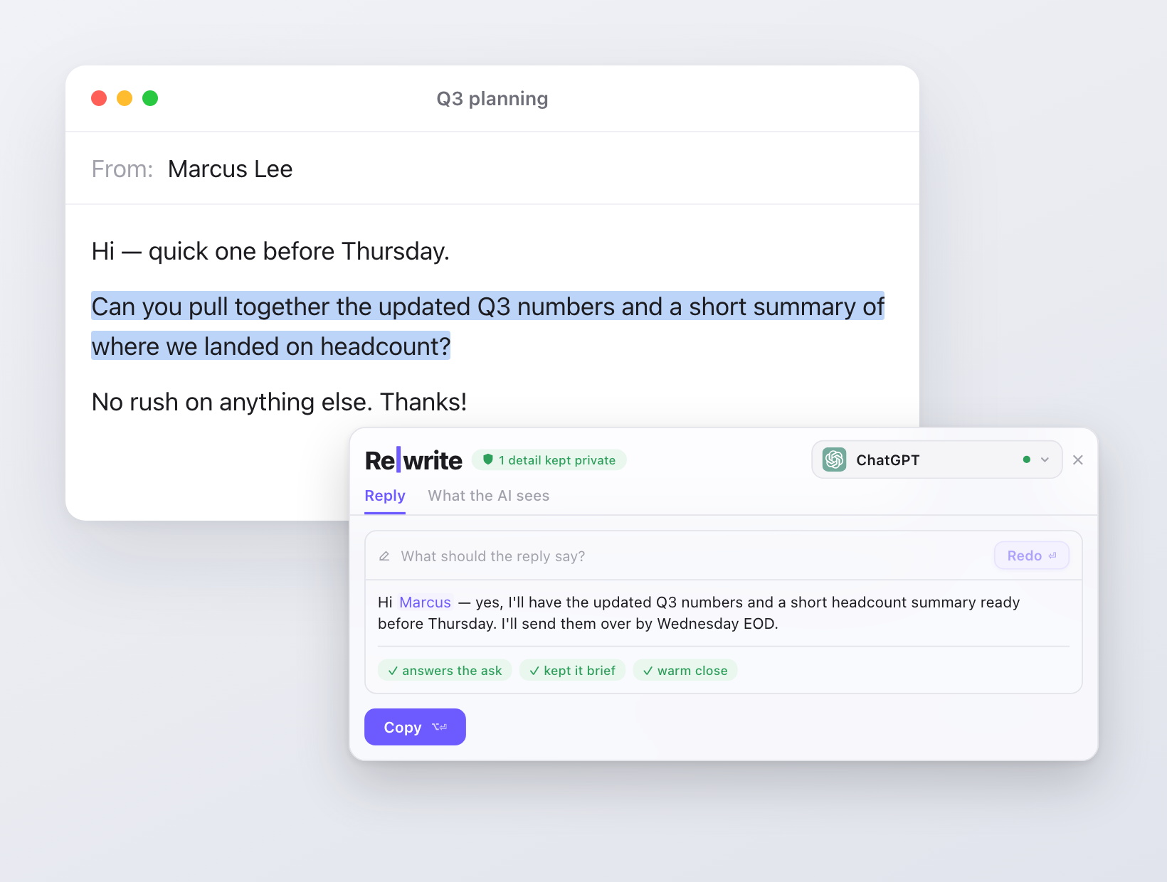Rewrite drafting a reply to a received email